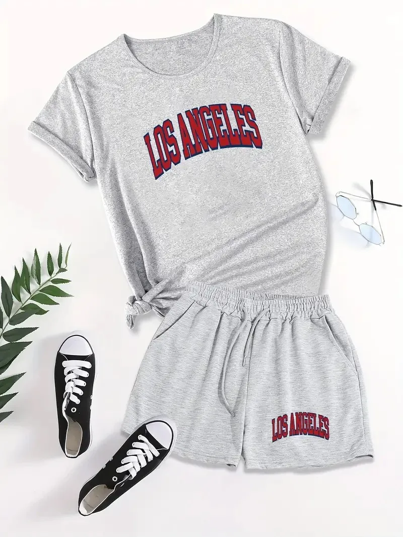 Fashion letter print short-sleeved round neck T-shirt and elastic waist shorts 2 sets, 2024 summer women's suit women's 2 sets