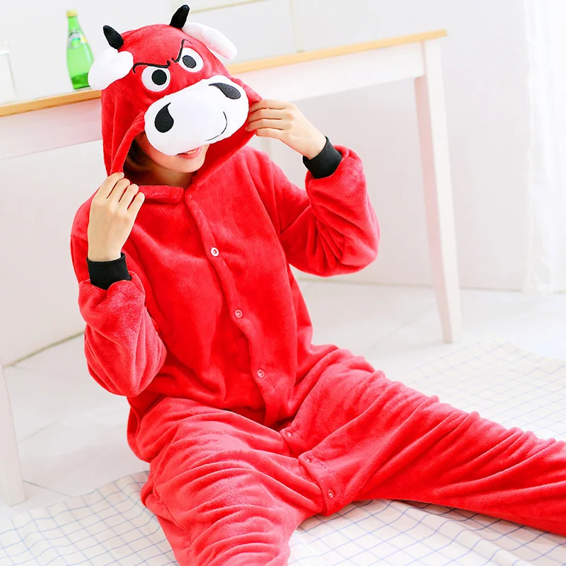 Red Cow Onesies Sleepwear Jumpsuit Homewear Kingurumi Bodysuits Lingerie Bodysuit Flannel Anime Cartoon Long Sleeve Nightgown