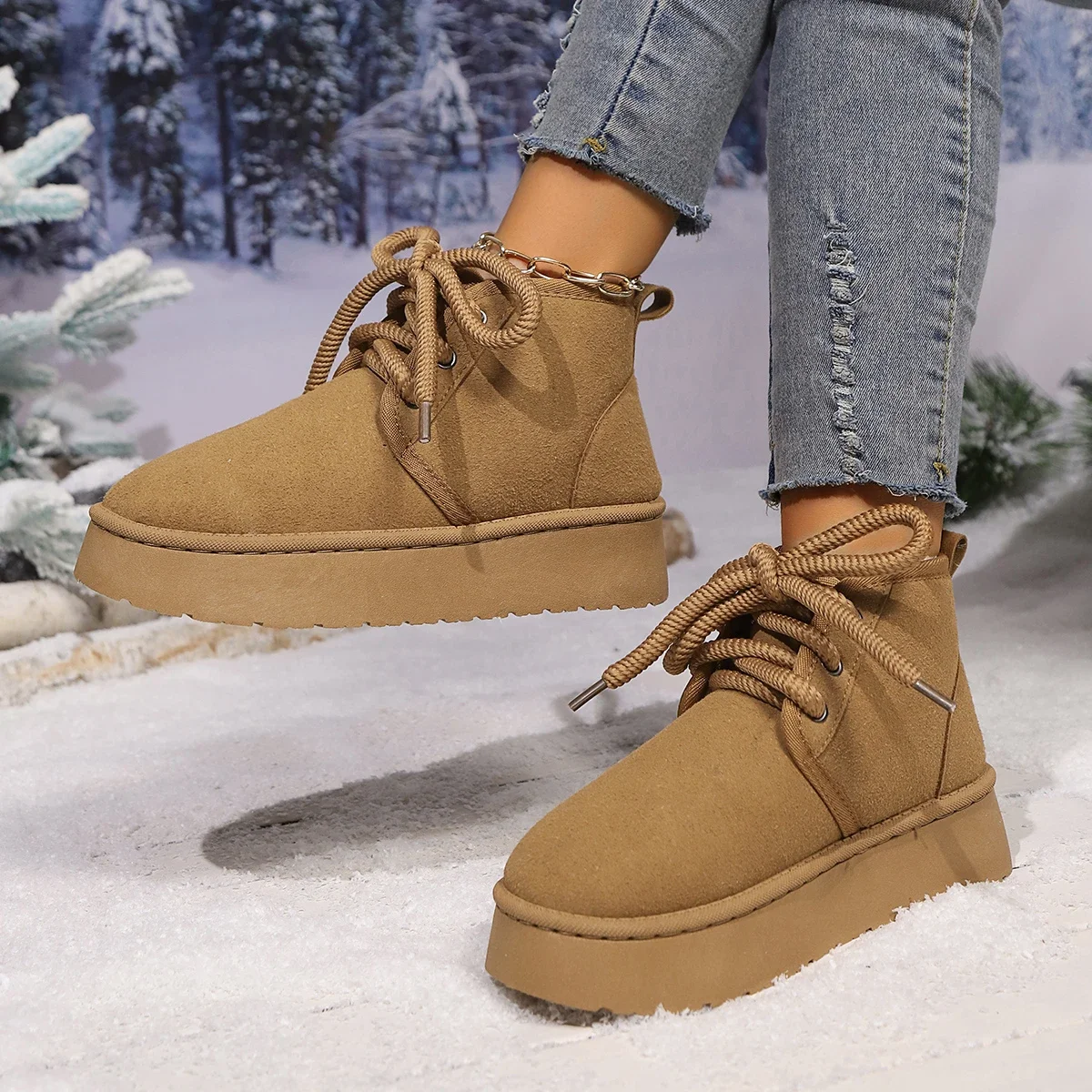 Women Boots Winter Short Plush Warm Lace Up Snow Boots Women Fashion Casual Flat and Platform Shoes for Women Botas De Mujer