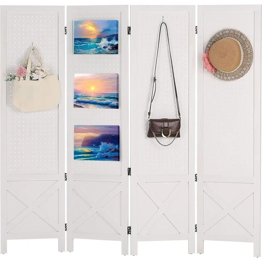 Wooden 4-Panel Room Divider with Privacy, Portable Display Board for Home, Art Shows, Retail, and Events, White