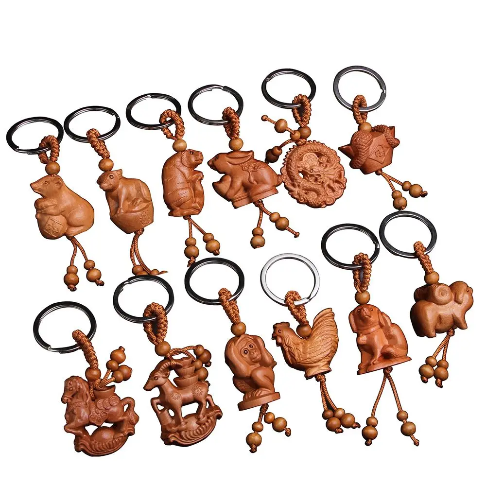 Creative Animal Gift Fengshui Ethnic Bag Pendant Lucky Key Chain Mahogany Engraving Wood Keyring Chinese 12 Zodiac Keychain