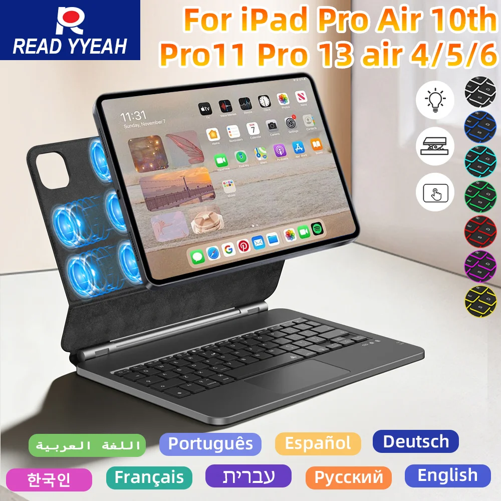 قراءة YYEAH لوحة المفاتيح السحرية لجهاز iPad 10th Gen Case 2025 iPad A16 11th 2025 2024 Air11 13in Pro 12.9in غطاء الكتاب المغناطيسي الذكي
