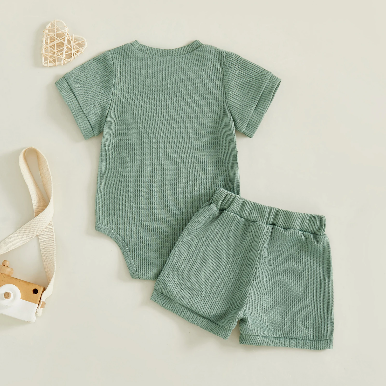 ملابس صيفية للأطفال الأولاد والبنات، شورت رومبير بأكمام قصيرة مطرز بحروف مكونة من قطعتين #2