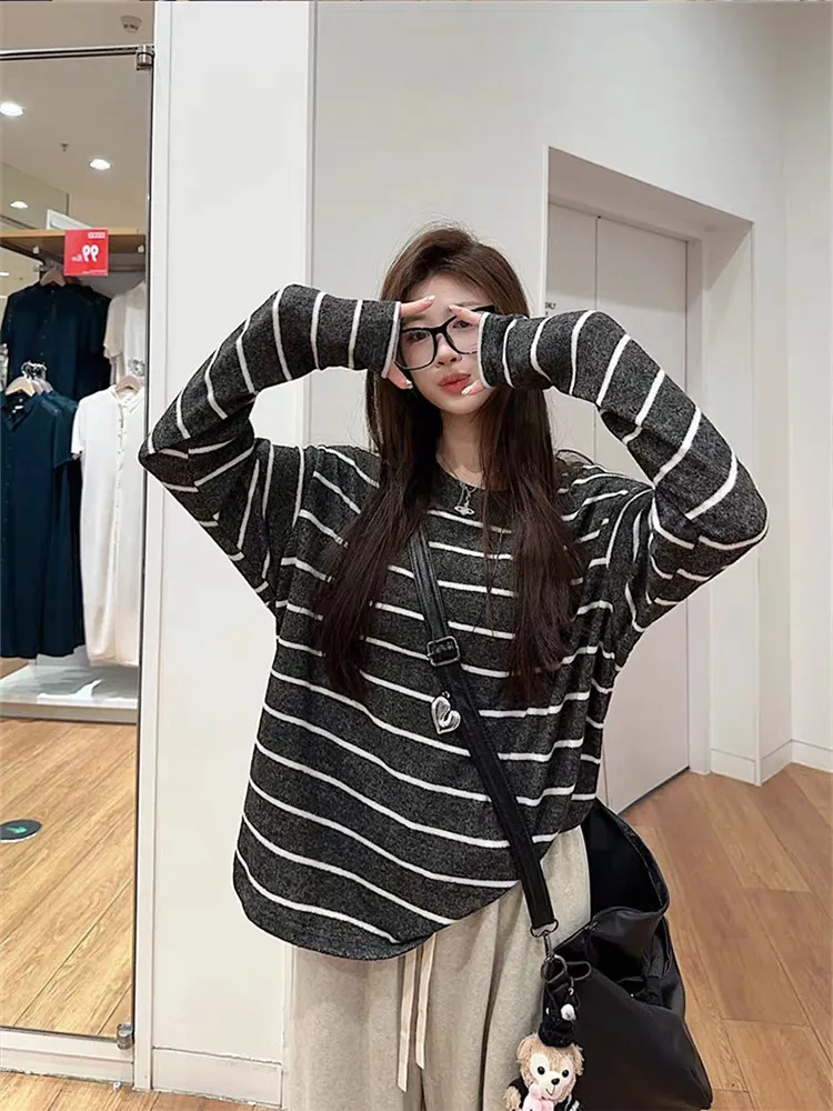 Striped Pullover T Shirts Loose Women Long Sleeve Tees Summer Spring Tshirts Streetwear Roupas Feminina Ladies Shirt Bottom