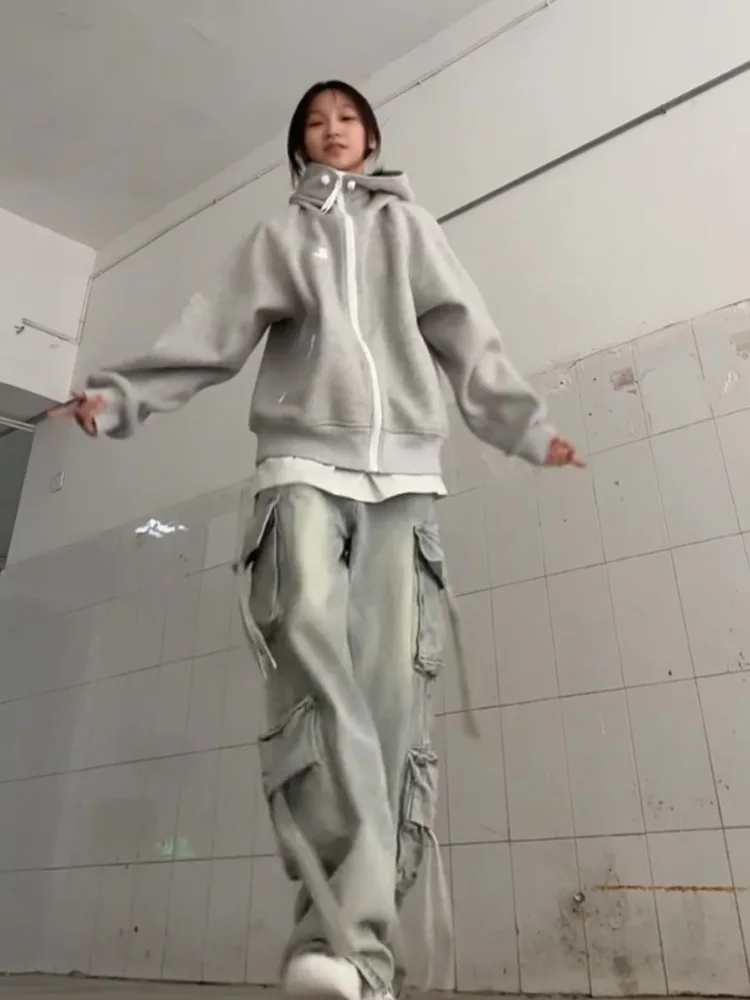 Americano retro thiened oversized casual com capuz aberto cardigan lã moletom feminino outono inverno solto preguiçoso casal outfits