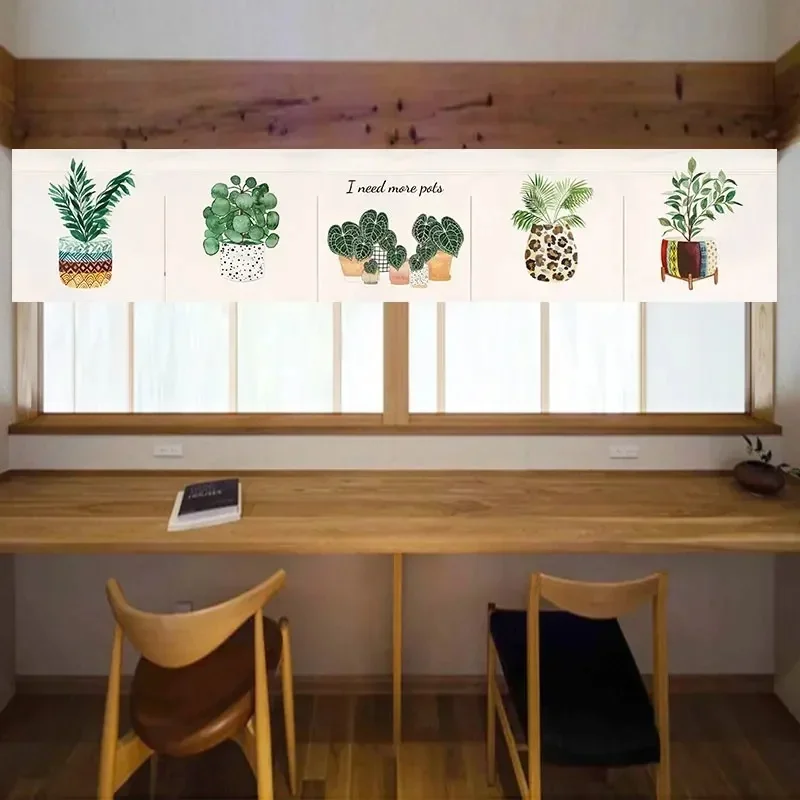 VIKAMA Pink Grid Potted Plant Triangle Curtain, Watercolor Cactus Monstera Print Fabric Noren for Kitchen Window Decor