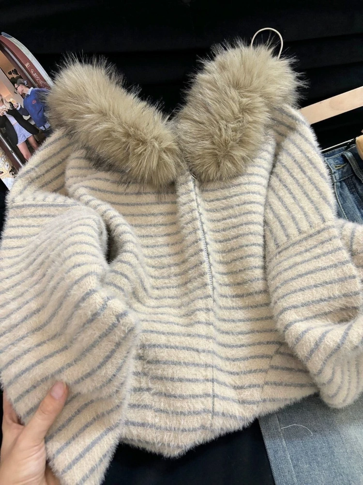 Y2k Vintage Long Sleeve Striped Hoodie Faux Fur Collar Patchwork Korean Knitted Hooded Cardigan Top Women Casual Autumn Winter