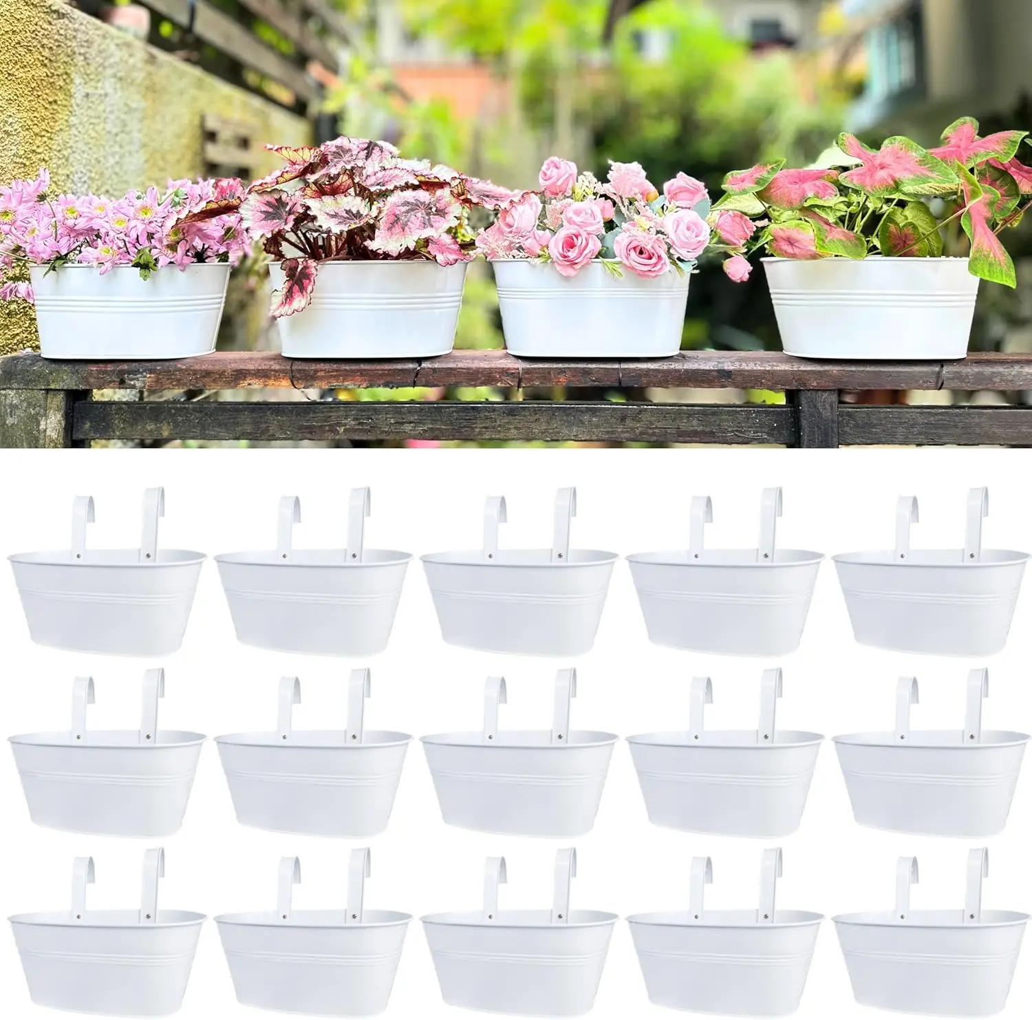 

11.8 Inch White Metal Hanging Flower Pots 15 Pack for Deck Railings, Wall Mount Window Box with Hooks, Countryside Boho Style
