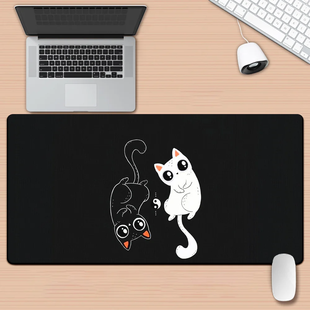 HD Printed Cartoon Black White Cat Mousepad, Non-Slip Rubber Gaming Desk Mat for Keyboard & Mouse