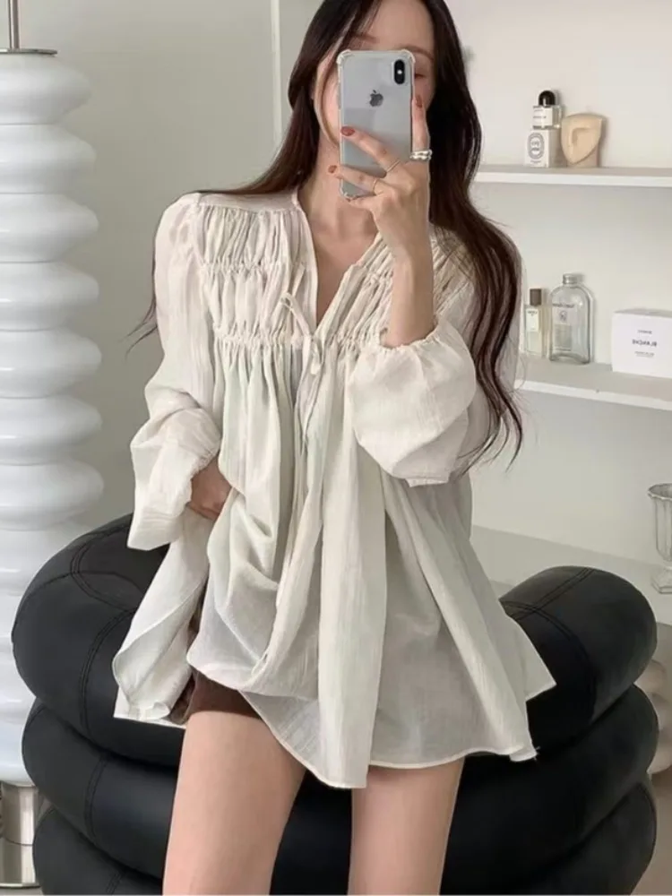 

Loose Casual Bubble Sve irt Women's Early Spring Small Size V-ne Pleated Belted Pure Color Top Korean Sle Spring Aut...