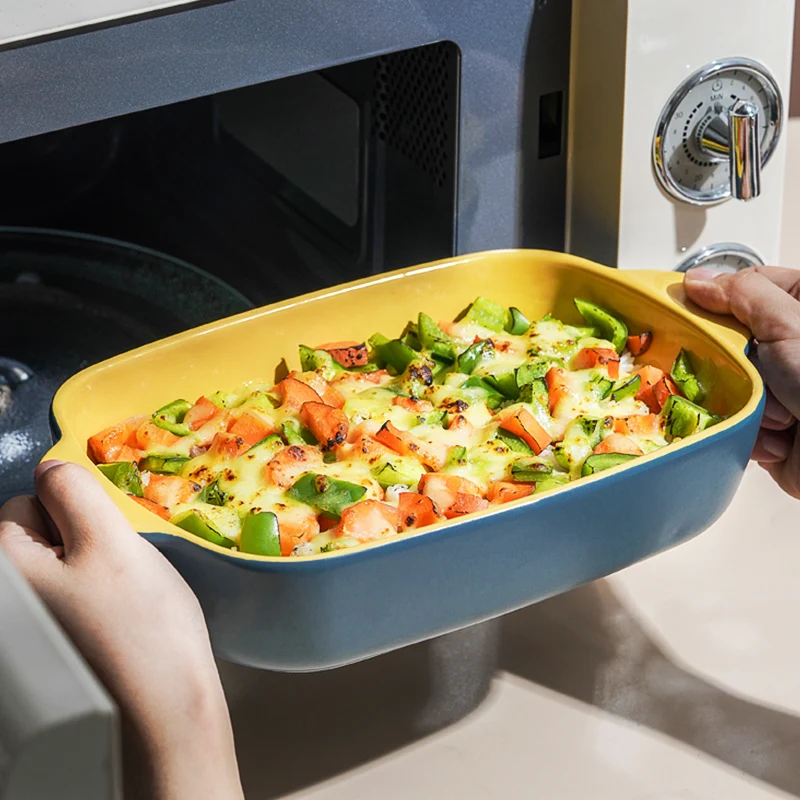 

Binural Baking Tray Ceramic Household Splicing Underglazed Colour Cheese Baked Rice Dining Plates Microwave Special Tableware