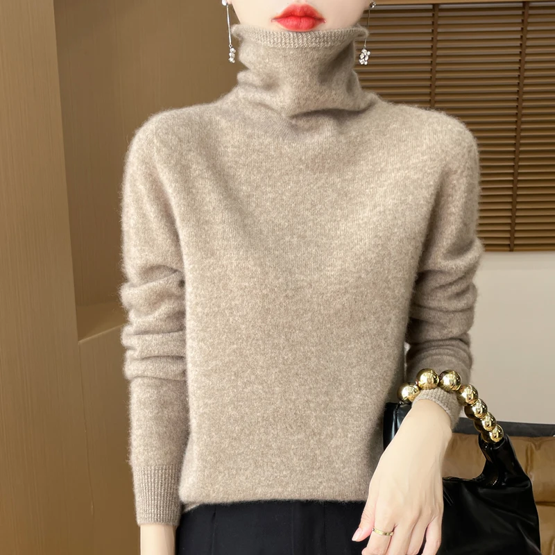 

2025 Autumn/Winter New 100% Merino Wool High Collar Cashmere Sweater Women's Casual Knitted Wool Coat Women's Pullover Coat