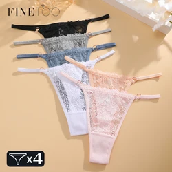 FINETOO 4Pcs Cotton Floral Underwear for Women Sexy Metal Buckle Waist Thongs Female Low Rise Perspective G-String Soft Lingerie