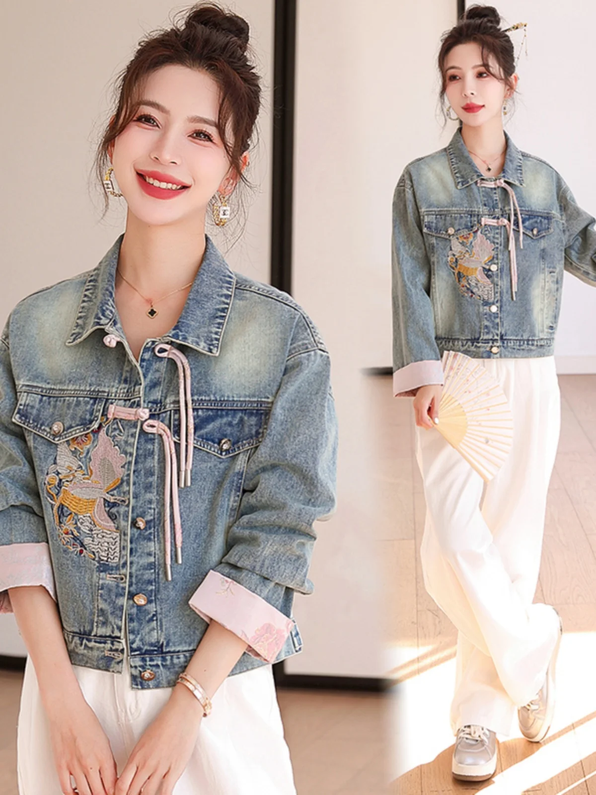 Dames ort Denim Jaet Lente Herfst 2025, nieuwe Sle geborduurde Chinese nationale Sle-topjas met knopen