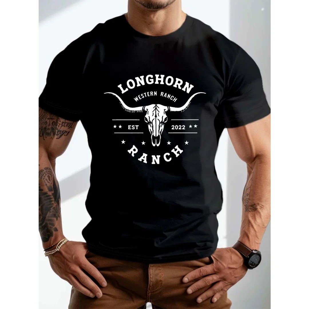 American Western Ranch Style Printed Men's T-Shirt with Multiple Colors to Choose from Summer Retro Trend Short Sleeved Top