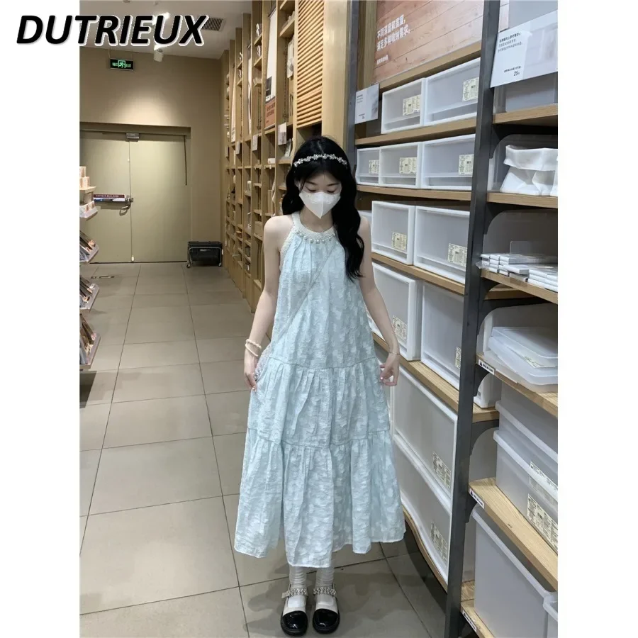 Urlaub Perle Halfter ärmelloses langes Kleid Frauen Sommer hochwertige französische Schwerindustrie Jacquard süße Riemen Maxi kleider