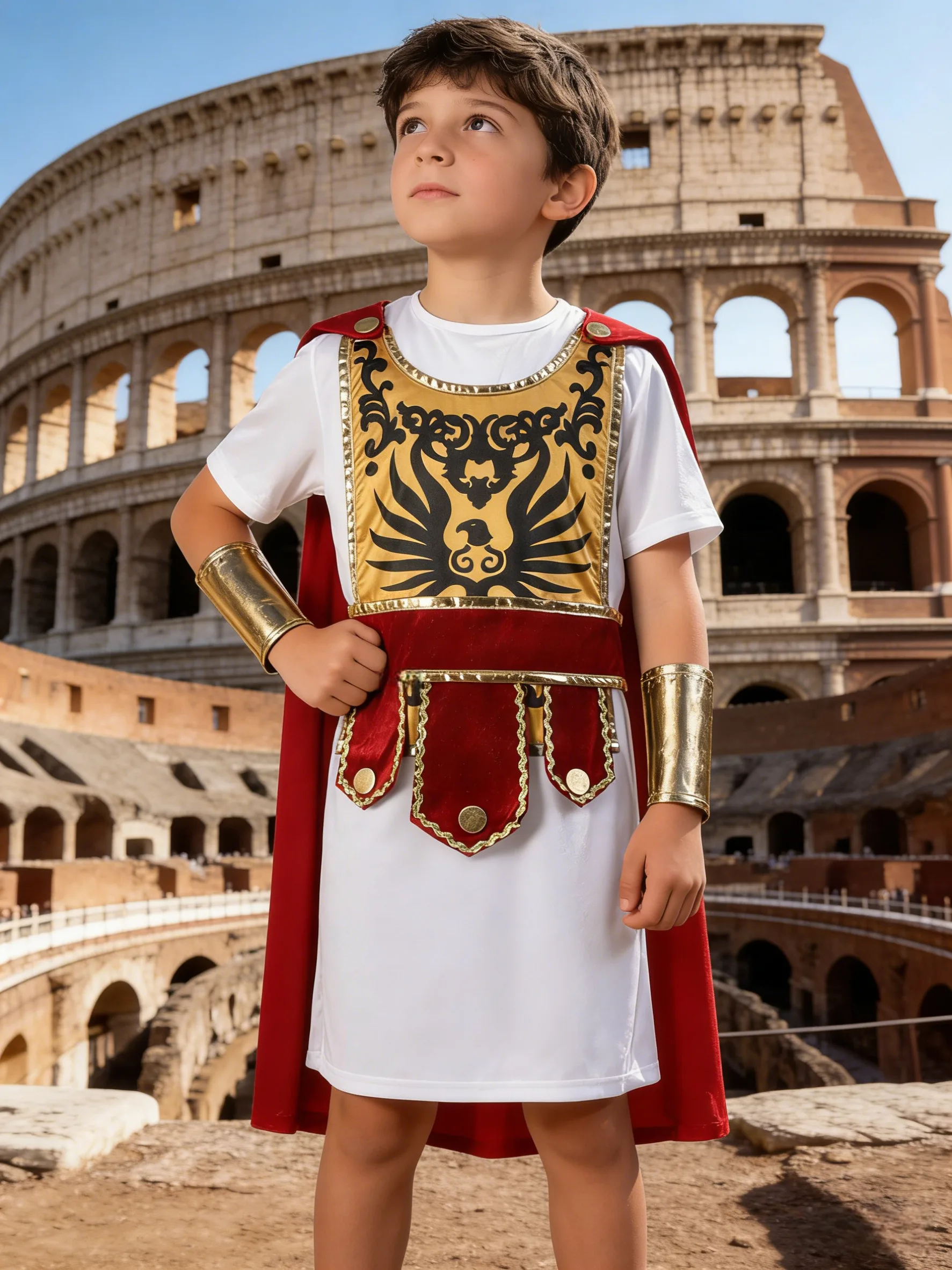 

Boys' Multi-Piece Outfit: 1 Roman Boy Print Tunic + 1 Red Cape + 1 Pair of Wrist Guards, Digital Print Design on the Chest, Boys' Warrior Multi-Piece Game Performance Set, Halloween and Various Carnival Festival Party Costumes, Stage Performance and Masqu