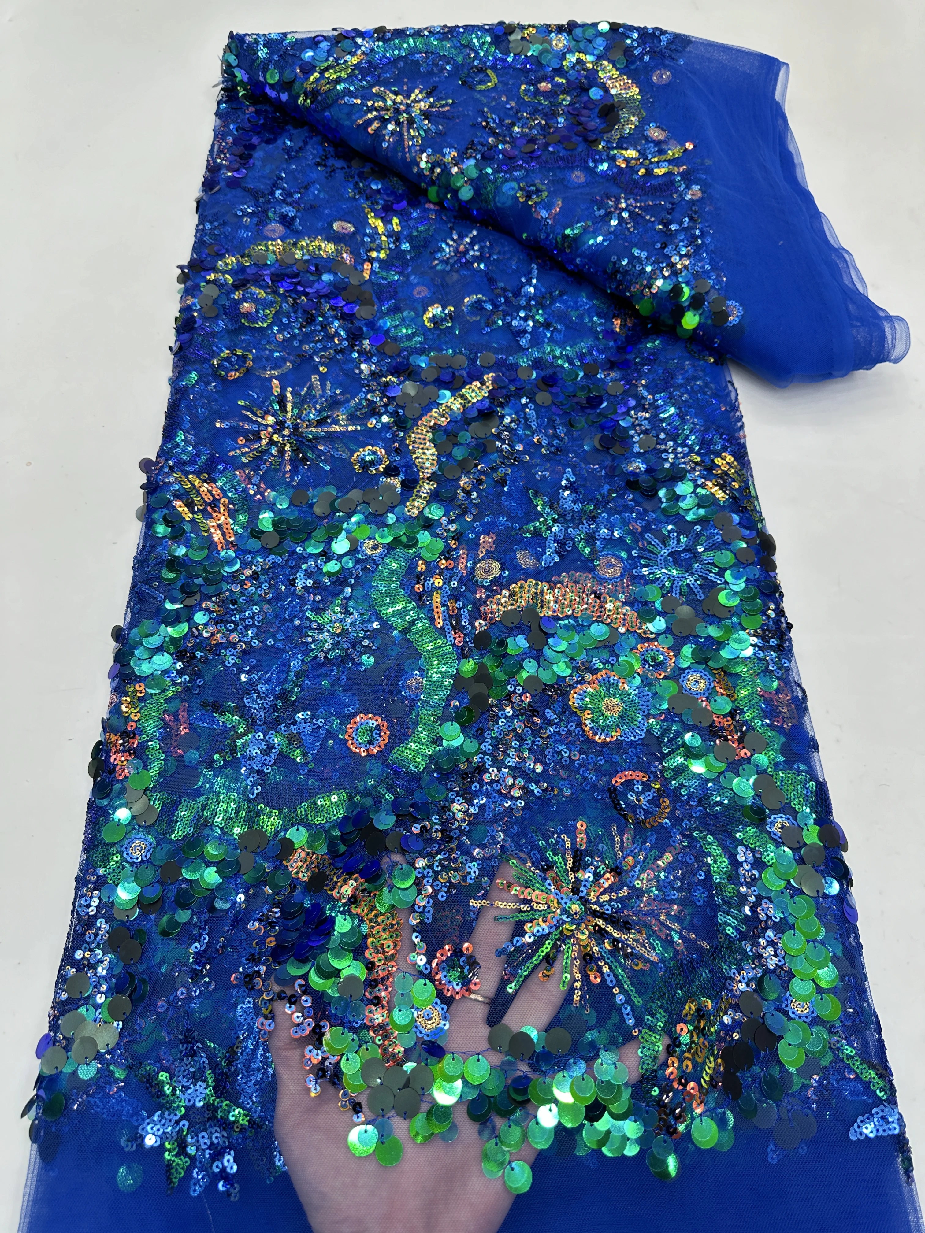2025 Heavy New Arrival Fashion Design Africa Handmade Gorgeous Sequins Tulle Lace Top Quality For 5yards Party Evening Dresses