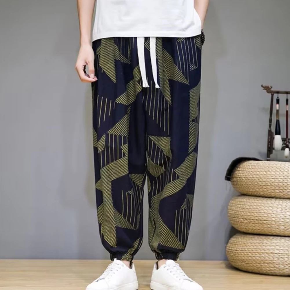 Pantaloni Harem da uomo pantaloni sottili con stampa in stile cinese alla moda pantaloni larghi in lino di cotone Casual a contrasto di colore