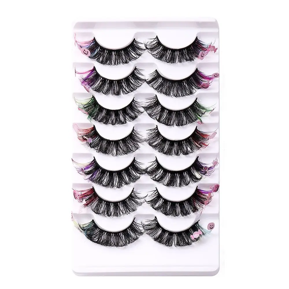 7ペアのドラマチックでカラフルなつけまつげ、厚くふわふわしたコウモリ型ハロウィンスパンコールミンクつけまつげ、ソフトなINSカラーつけまつげ、女性用