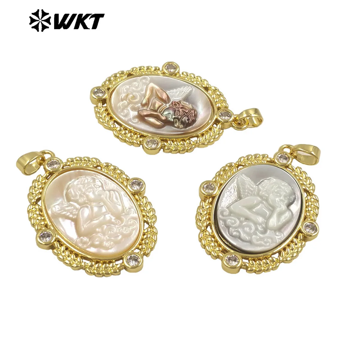 WT-JP371 Wholesale Fashion Gold Plated Oval Shape 18K Real Gold Plated Handmade Carved Mother Of Pearl Shell Angel Pendants