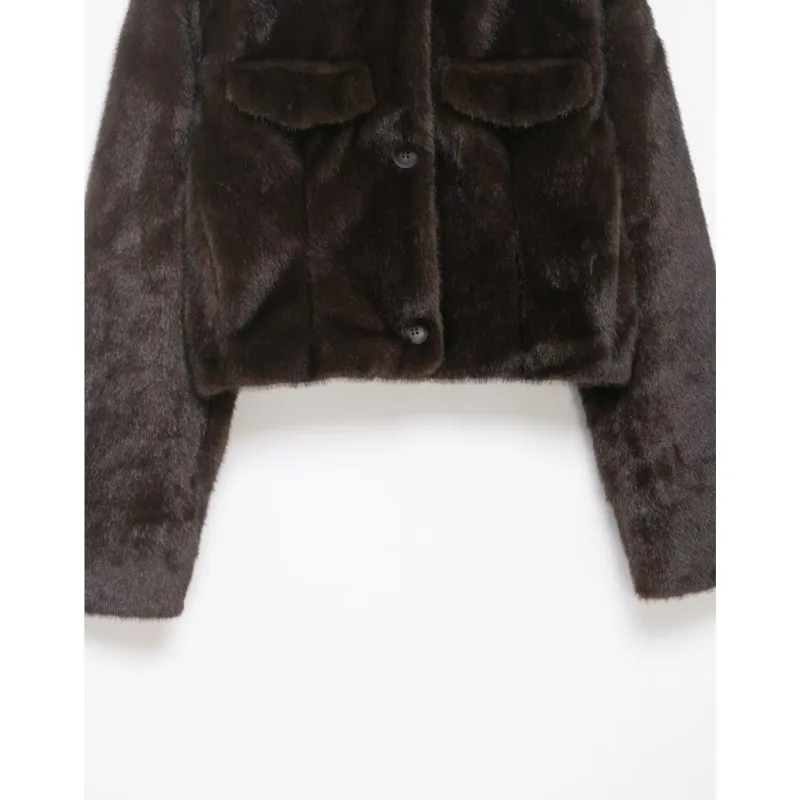 سترة نسائية قصيرة لربيع وخريف مع ياقة ثابتة من الفرو الصناعي وأكمام طويلة وجيب بأزرار ملابس خارجية أنيقة للسيدات #5