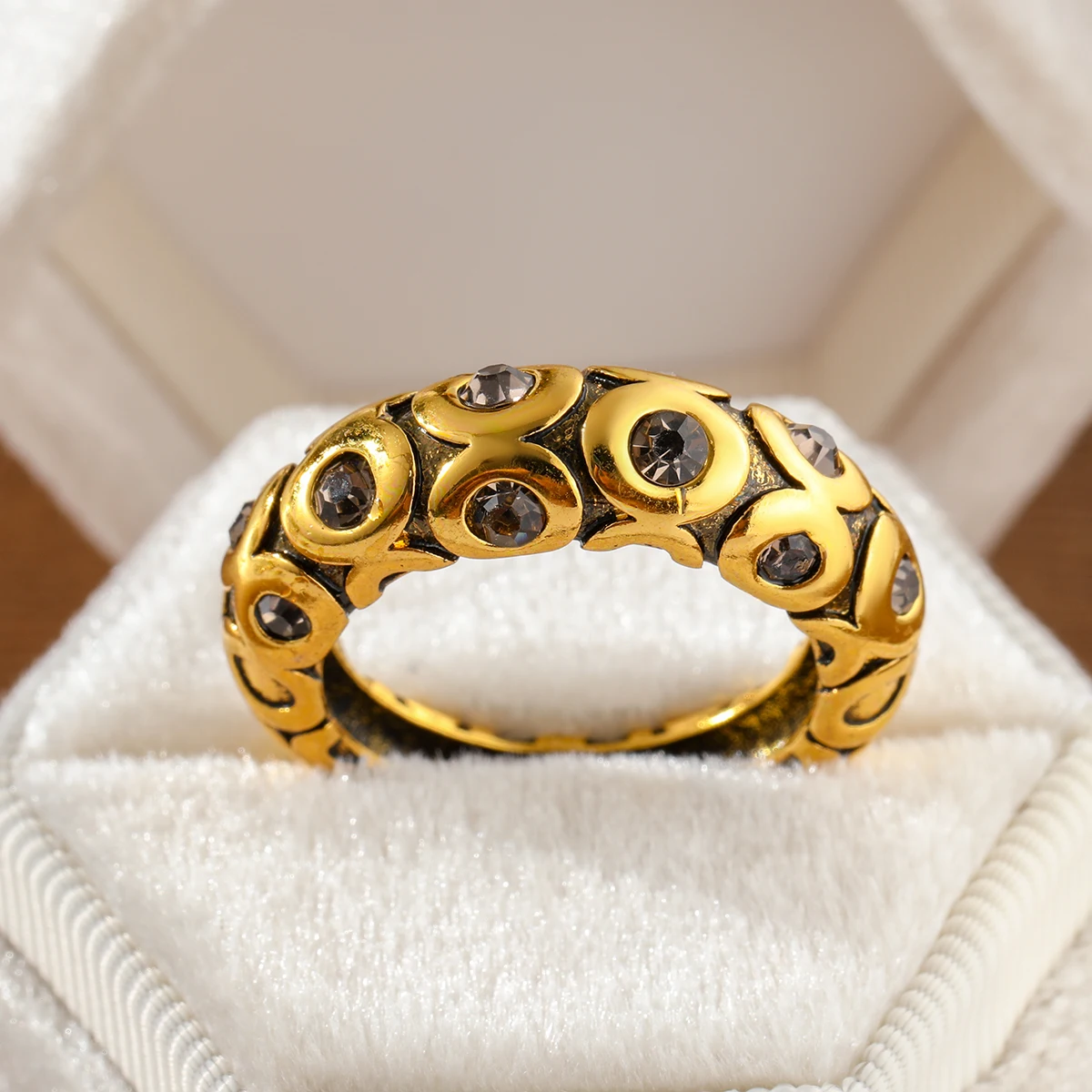 Women's Copper Geometric Pattern Ring with Gemstones