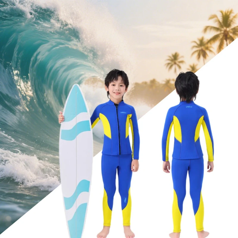 

Kids 3.5mm Neoprene Wetsuit 2-Piece Set Long Sleeve Jacket with Front Zipper Pants Thermal Swimwear Keeping Warm Swimming Diving