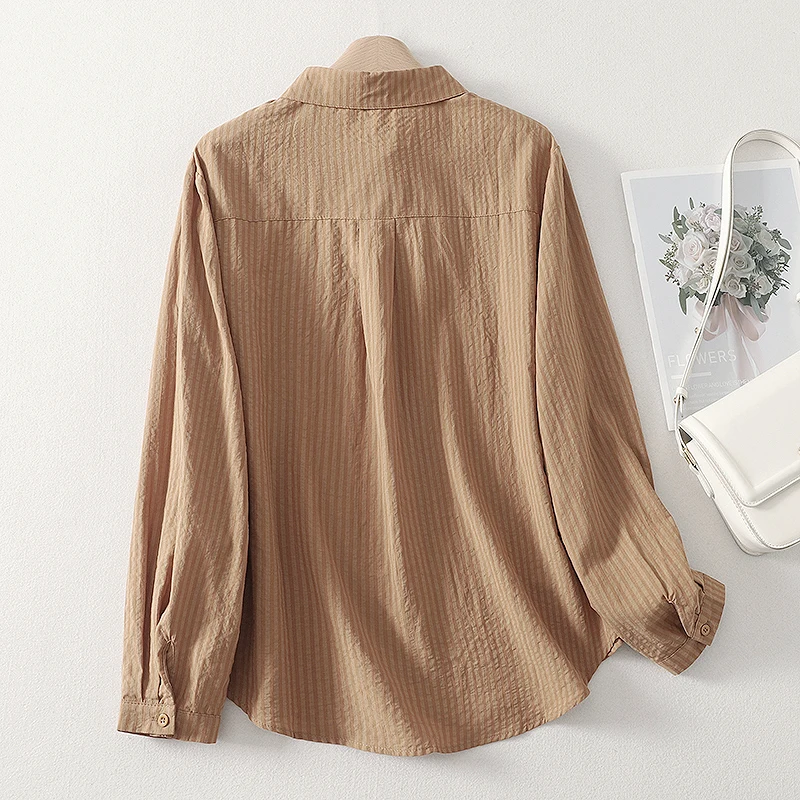 Primavera outono longo sve algodão irt feminino listra camada base vintage aberto cardigan fino cor pura versátil solto ajuste