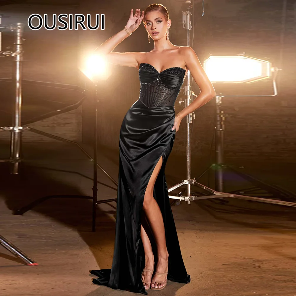 OUSIRbiomomy-Robe de Rhen satin, col en cœur, couleur unie, pour occasions spéciales, avec perles plissées, sexy, sirène, cour, robe de mariée