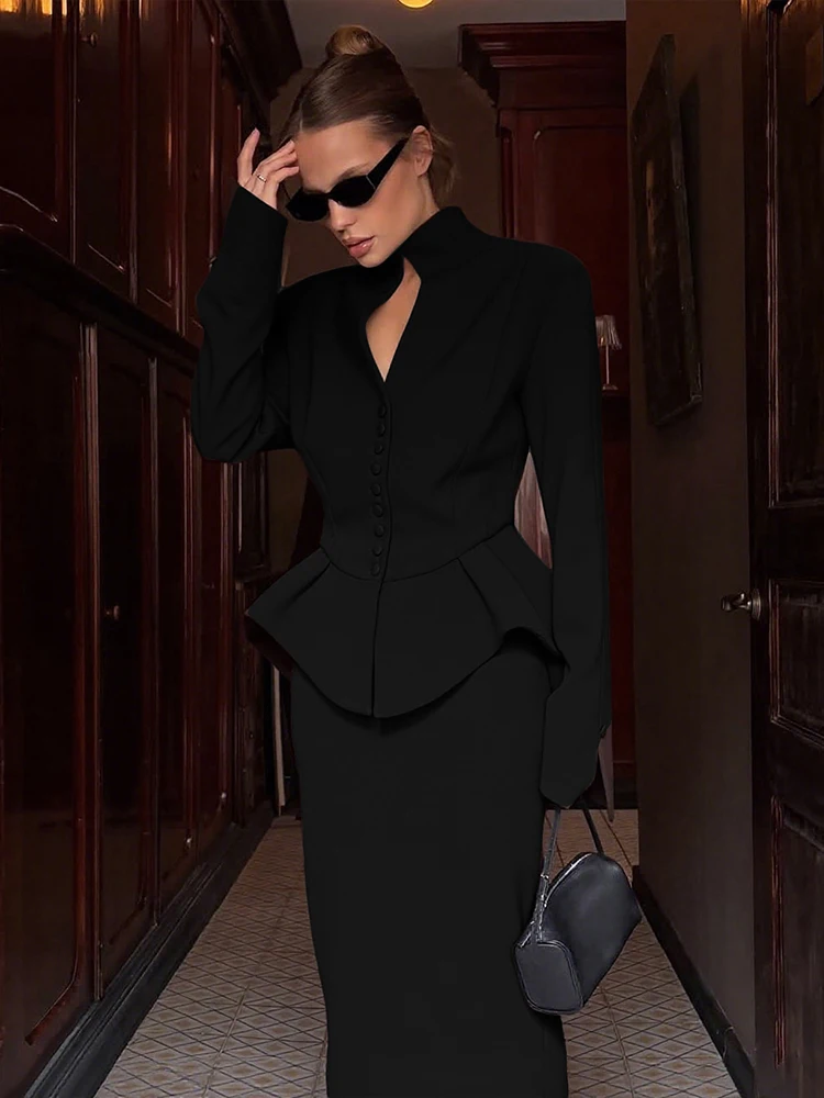 

Kliou одинаковый комплект из 2 предметов с рюшами, осенний женский классический однобортный топ с длинными рукавами и воротником-стойкой + юбки-миди на бедрах