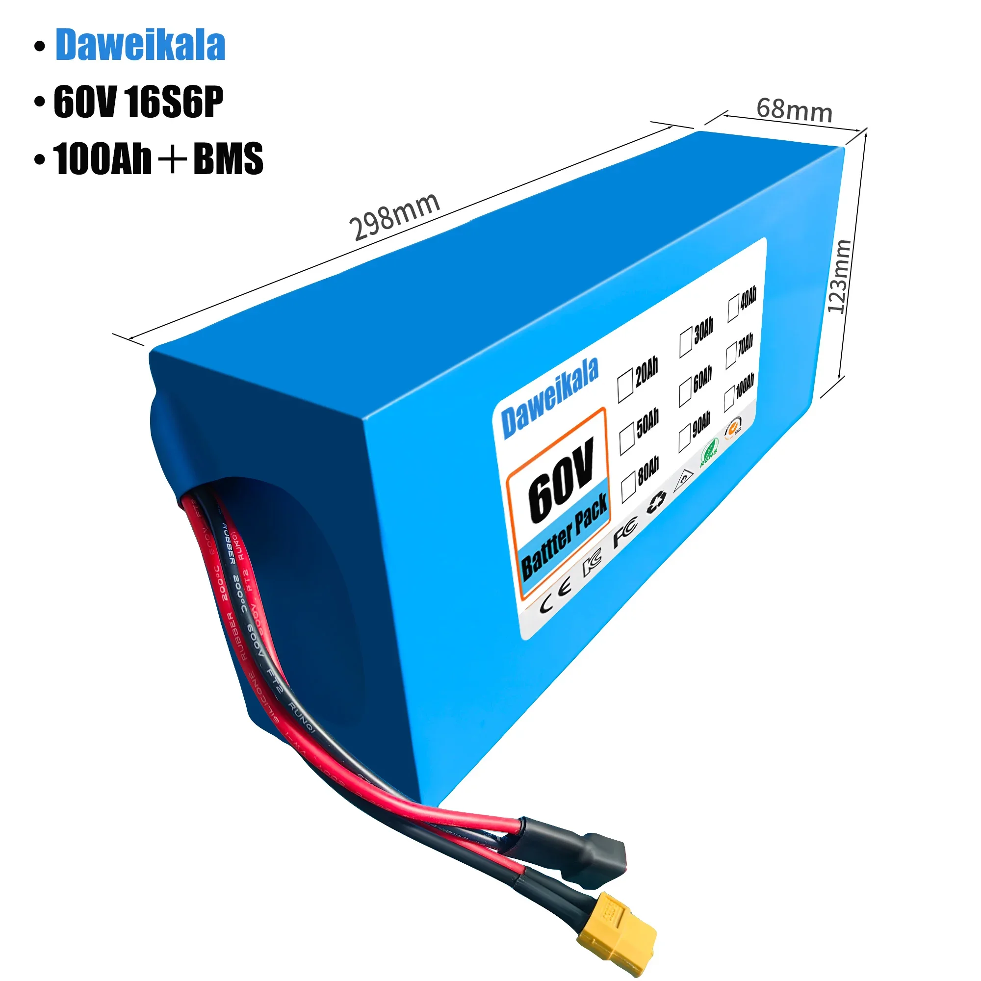 60V 100Ah 16S6P ebike battery 18650 2500W Lithium Battery Pack For 60V Electric bike Electric Scooter+67.2V charger
