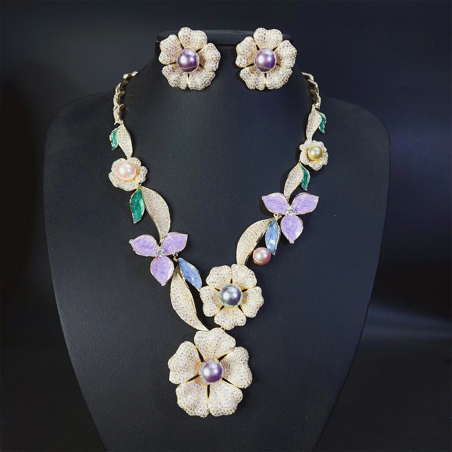 

2 Pcs Vintage Necklace Earrings Multi-color Flower Core Pearl Earrings Summer Ladies Jewellery Set Prom Event Wedding M-365