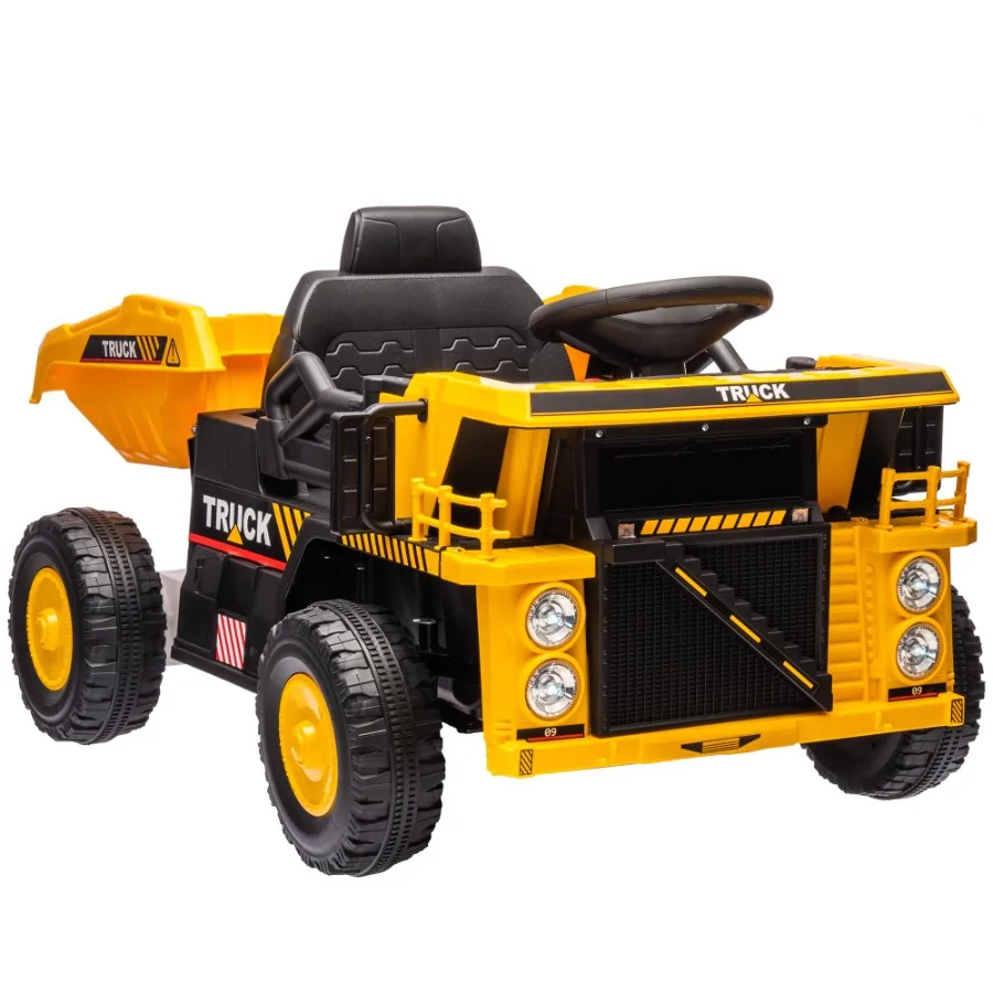 Qaba Ride on Dump Truck 12V Ride on Car with Electric Dump Bed and Extra Shovel Spring Suspension Wheels Music Player LED light