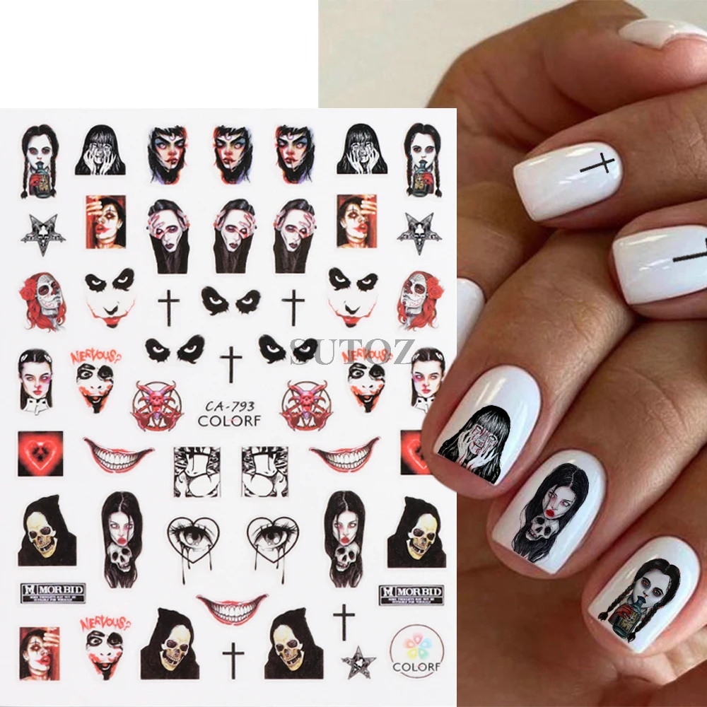 Halloween Spooky Nail Stickers Centipede Spider Nail Decals Blood Drips Scar Lips Skulls Sliders Manicure Horror Decor NTCA-788