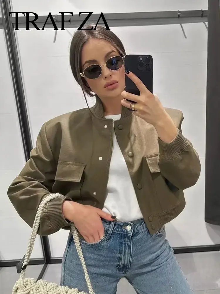 TRAFZA Fashion Women Cropped Slim Jacket Solid Long Sleeve Button Coat 2023 Autumn Streetwear Woman Elegant Jackets Outerwear