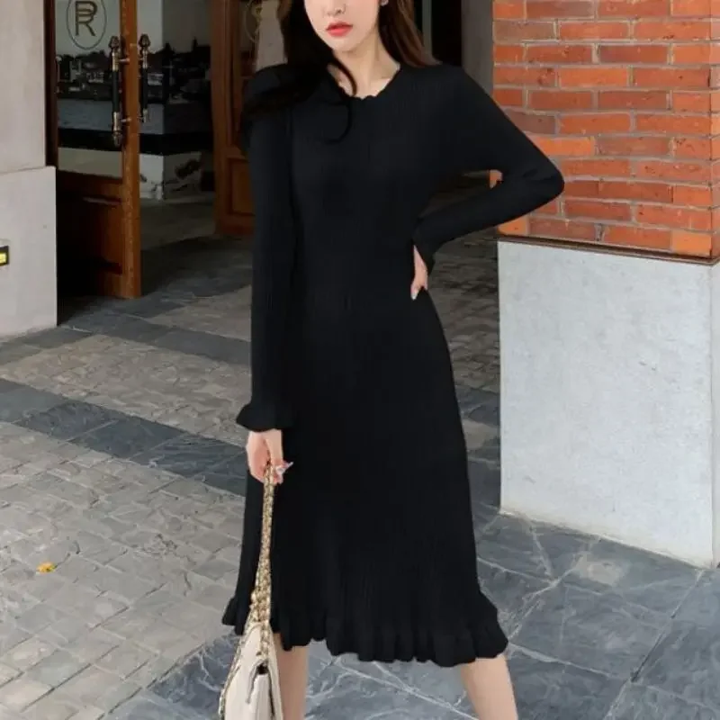 High Waist Ruffled Maxi Dresses Women Autumn Winter Knitted Slim Long Dress Korean Women's Bodycon Elegant Vestidos Y2k Robe 원피스