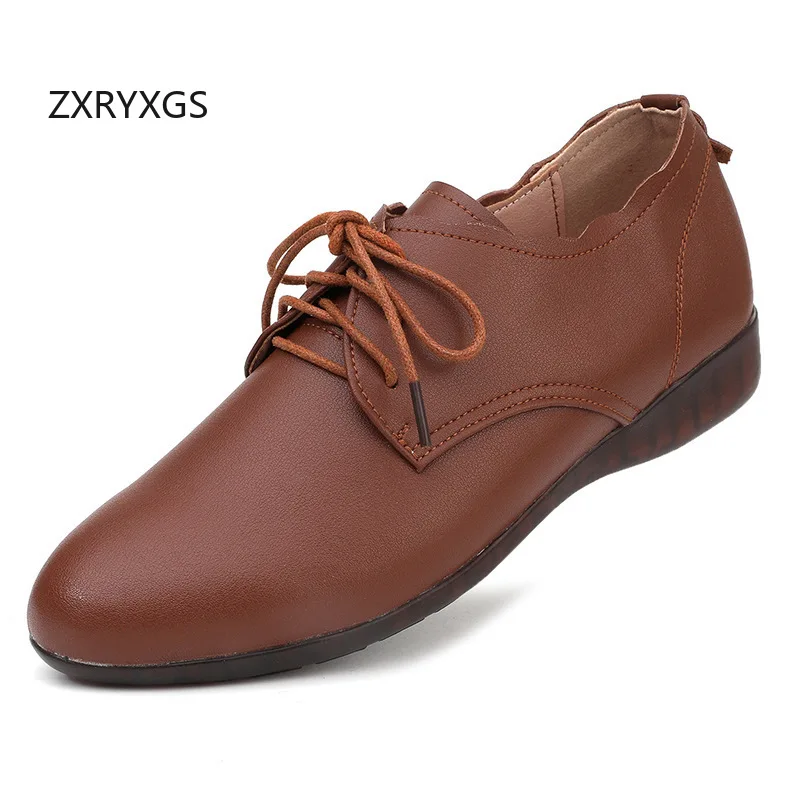 ZXRYXGS Soft Cowhide Lace-up Women Flat Shoes Casual Sneakers 2026 Temperament Elegant Comfort Soft Sole Women's Flats Plus Size