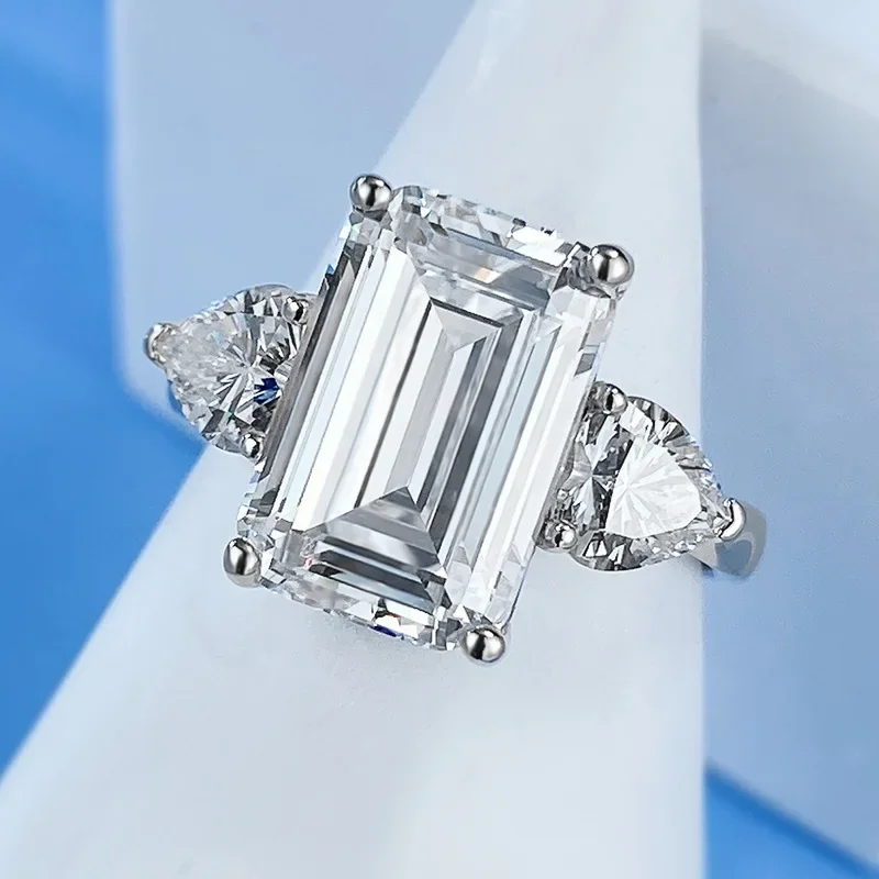 

S925 silver ring emerald cut 5 carats 12 * 8 niche design sugar diamond ring for women