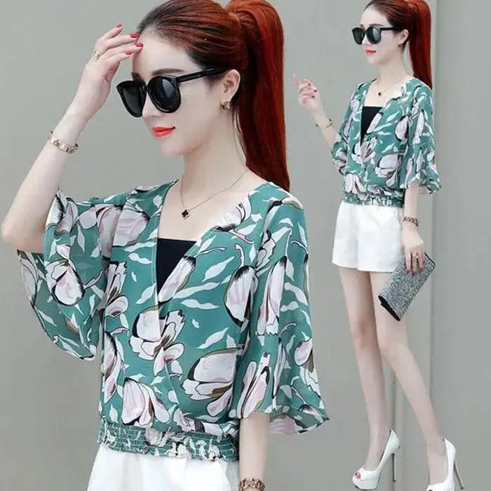 Women's Summer Fashion Elegant Simplicity Printing Short Sleeve Shirts Women Clothes Loose All-match Casual Temperament Tops