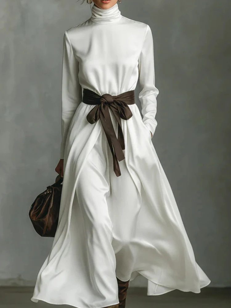 Vestidos Plissados com Amarração na Primavera, Vestido de Noite Elegante com Gola Alta e Manga Longa, Vestido Maxi em Cetim com Cores Contrastantes