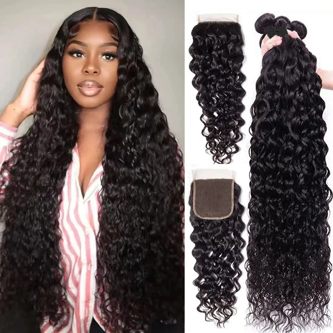 

Curly Bundles With HD Closure 5x5 Water Wave Brazilian Human Hair Weave Bundles With Lace Frontal Closure Extensions For Women