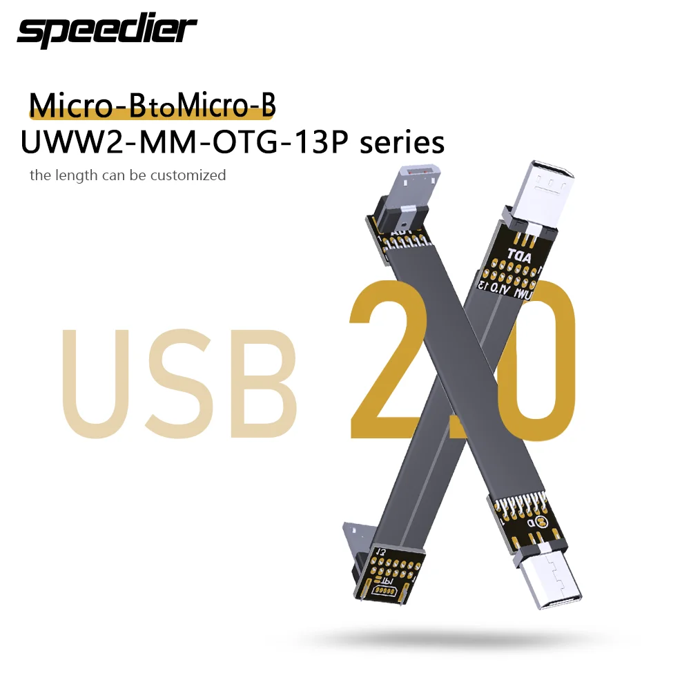 

13P Double 90 Degree USB OTG 2.0 Male to Male Flat Data Extension Cable Micro-B to Micro-B for FPV Aerial Photography