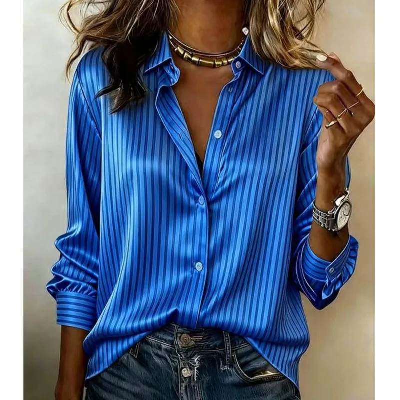 

Женская офисная рубашка в полоску с принтом, модный кардиган с отложным воротником на одной пуговице, свободный топ, универсальная уличная одежда для женщин, блузки