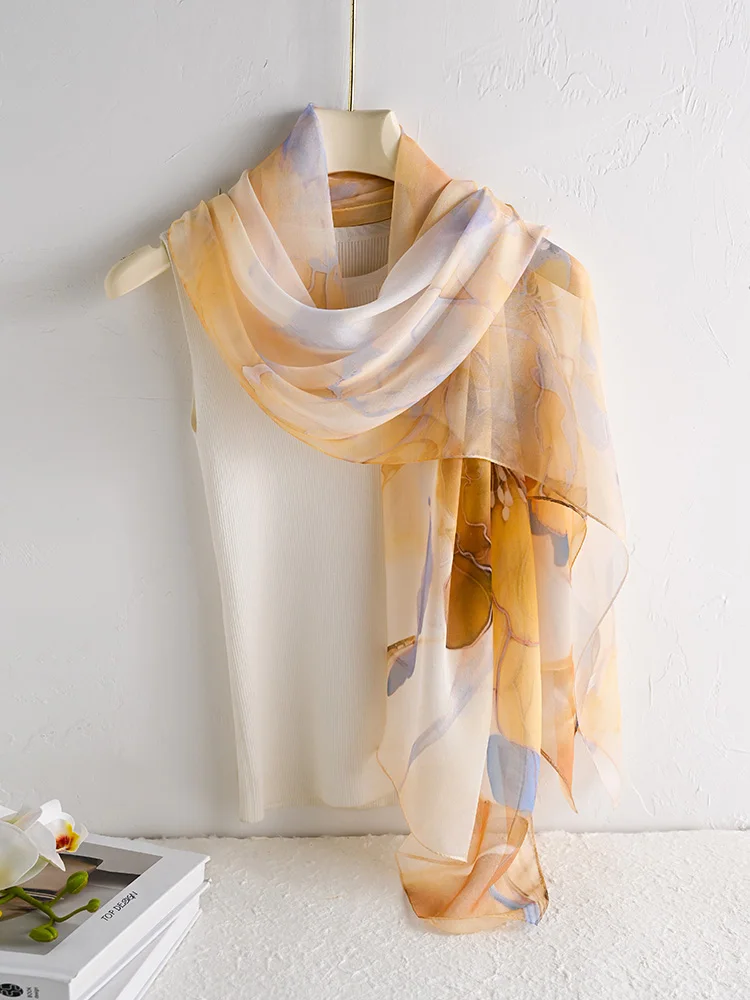シルクスカーフ-レディース-アウター-薄手-秋スカーフ-高級感ショール-ママシルクスカーフ-杭州シルク-首保護スカーフ