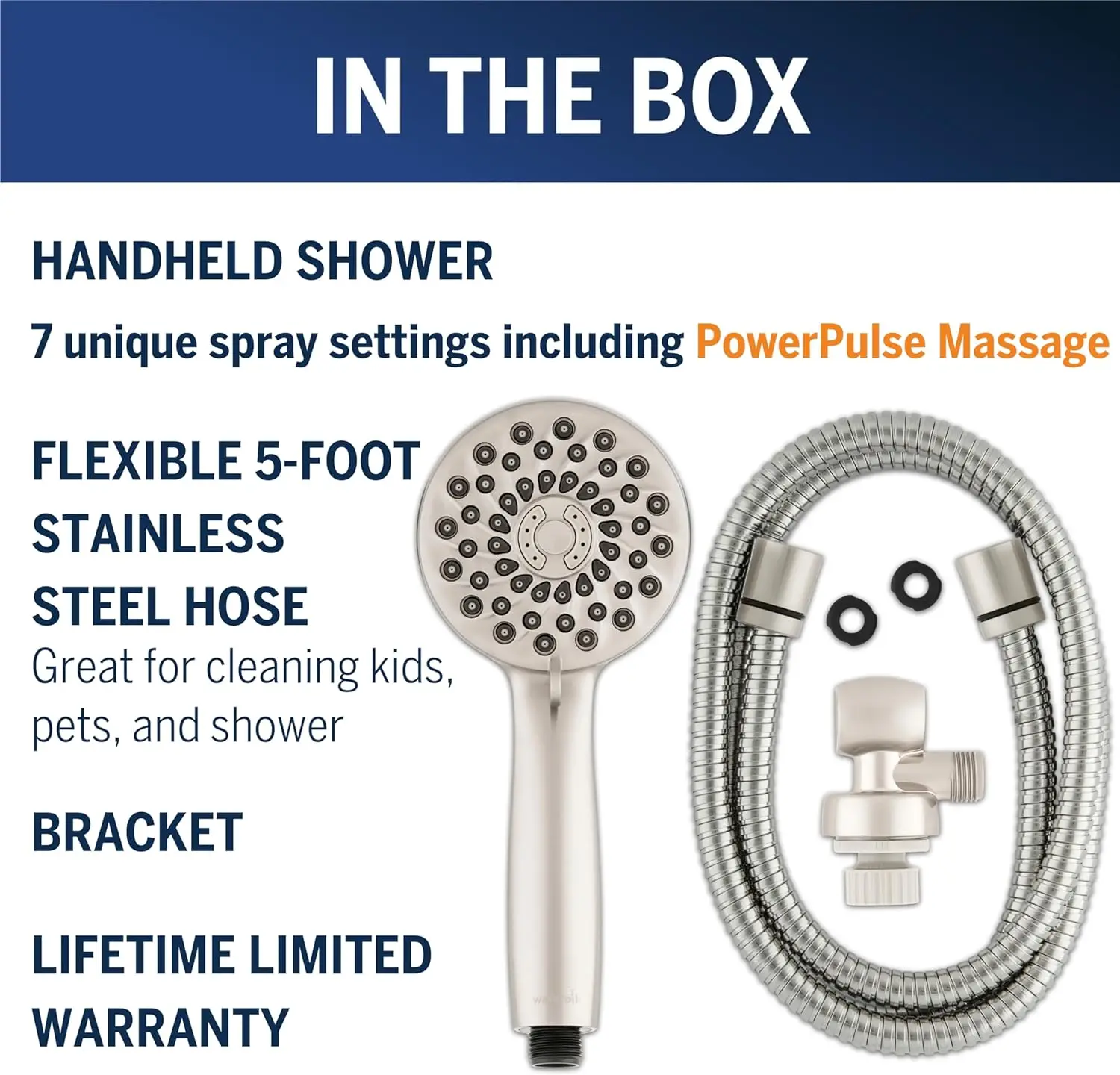 High Pressure Handheld Shower Head with 7-Mode PowerPulse Massage, Brushed Nickel, Flexible Hose for Relaxation