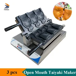 Commercial Open Mouth Taiyaki Making Machine 3pcs Electric Fish Shaped Waffle Baker Maker Non-stick Coating Snack Equipment