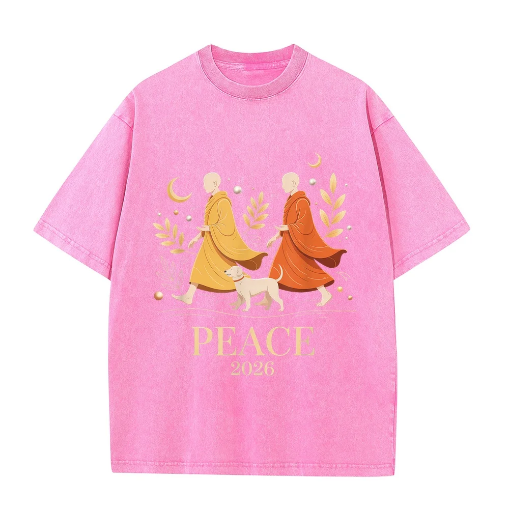 Walk Peace 2026 World Monks with Aloka Dog T-Shirt Ropa De Hombre Top Y2k White Graphic Tee 100 Cotton Round Short Sleeve Neck
