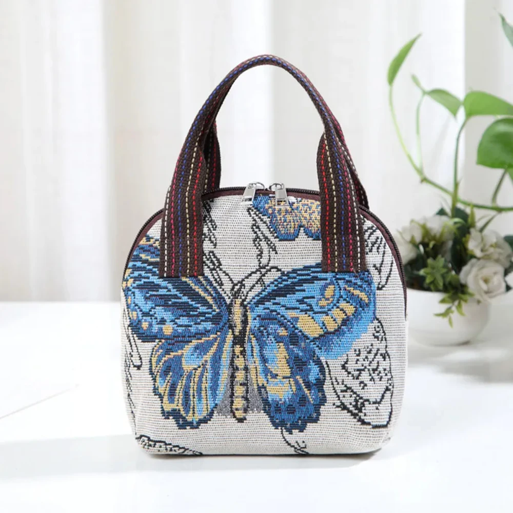 Butterfly Embroidery Top Handle Bag Small Phone Storage Purse Women\'s Woven Handbag With Zipper Canvas Handbag Canvas Bag