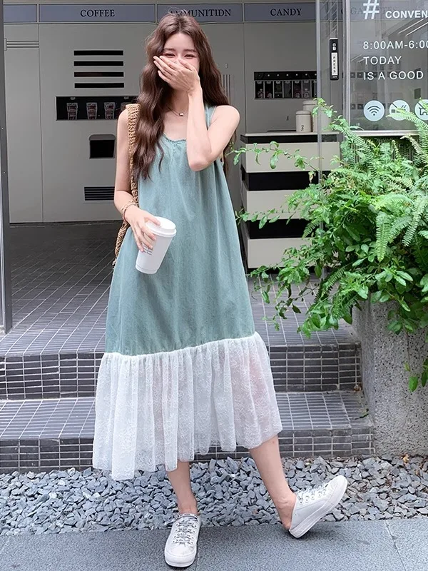 Ele Agel Lace Splice Denim Vest Dr Dames Zomer Casual Svel Midi Rok Faion Losse Taille Medium Thi